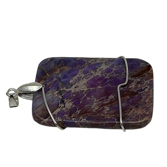 Wire Wrapped Stone‎ Pendant Pink Purple Jasper Silver Tone - Picture 5 of 7